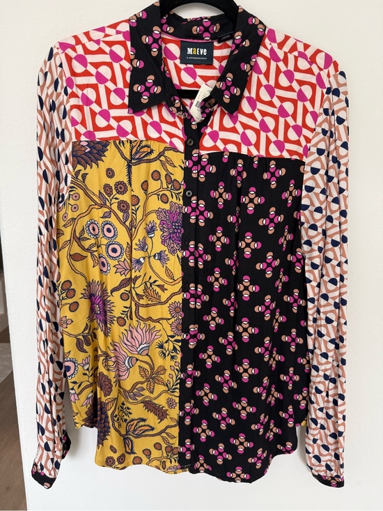 Maeve Tops - Maeve Colorblock Geometric Print Button-Up Top